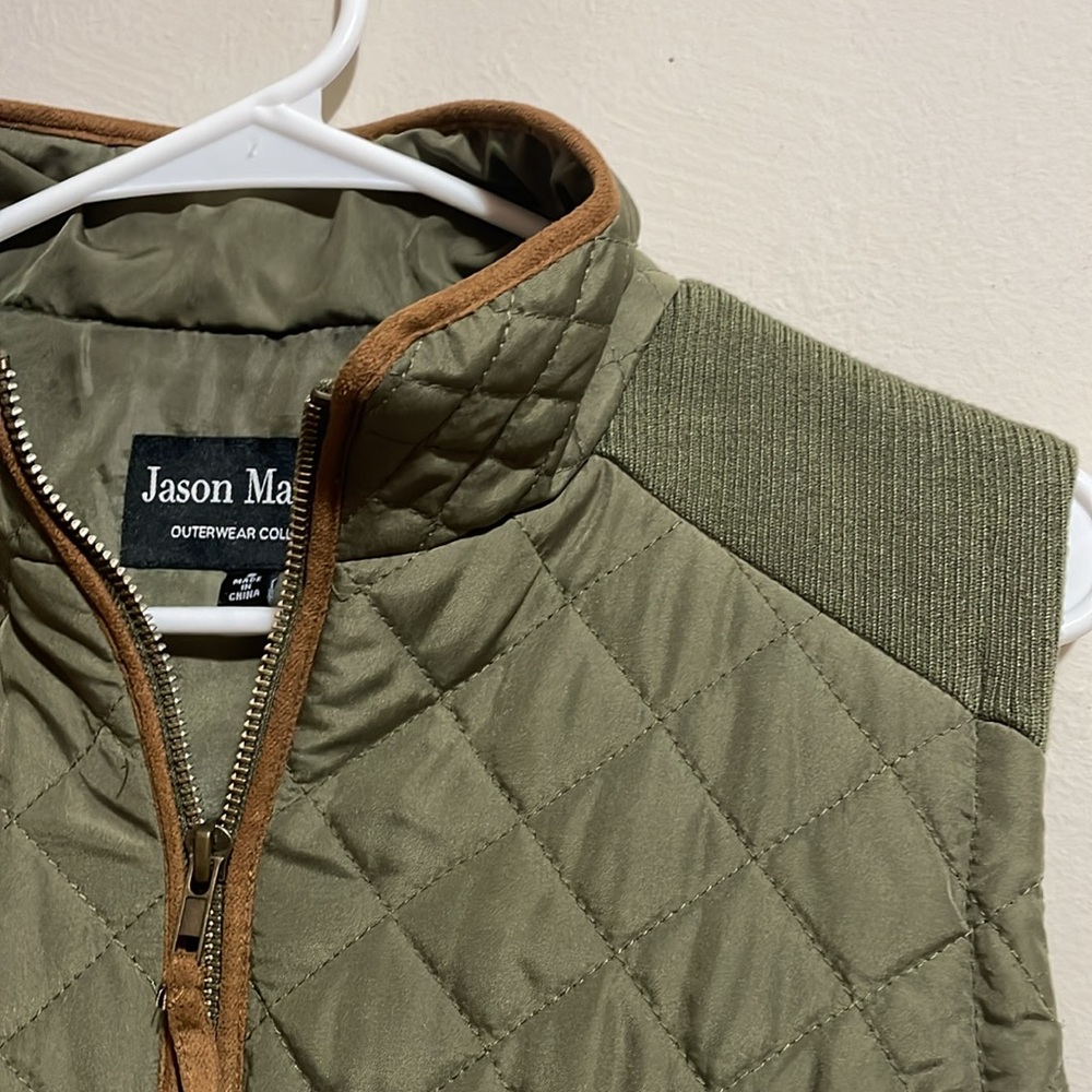 Jason Maxwell Quilted Olive Green Vest with brown piping. Size S. - Picture 3 of 5